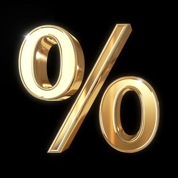 Golden 3D percentage   symbol isolated on black with clipping path - isolated on black background