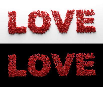 Love made from red rose petals on white and black background