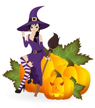 witch with a broom on the pumpkins isolated on white background