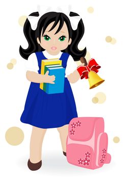 schoolgirl in blue dress with books and school bags