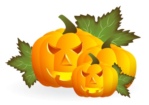 Three orange pumpkins with leaves isolated on white background