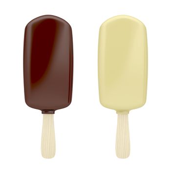 Ice creams covered with white and brown chocolate