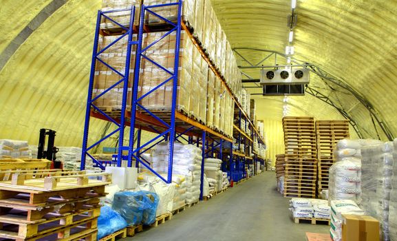 ST-PETERSBURG, RUSSIA - JUNE 13:  storage hangar with shelves and goods, June 13, 2013. Warehouse hangar of polyurethane foam