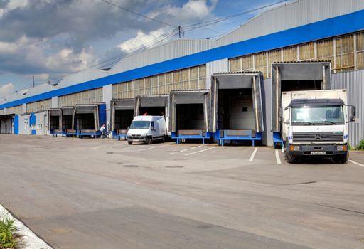 ST-PETERSBURG, RUSSIA - JUNE 13: Row of loading docks warehouse, June 13, 2013.