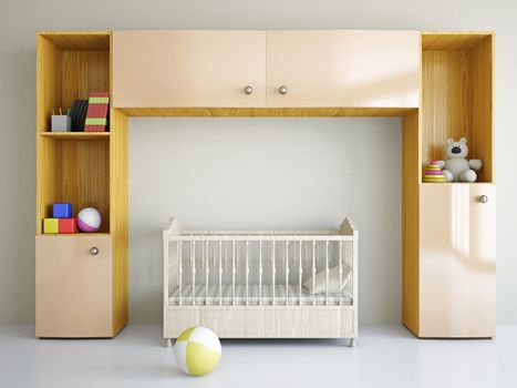 Nursery with toys and the bed near a wall