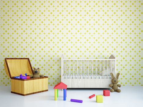 Nursery with toys and the bed near a wall
