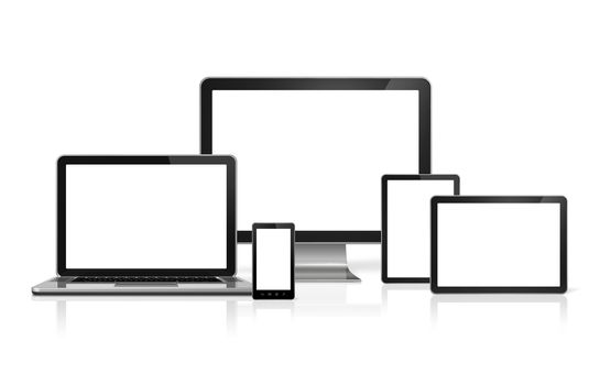 3D computer, laptop, mobile phone and digital tablet pc - isolated on white with clipping path