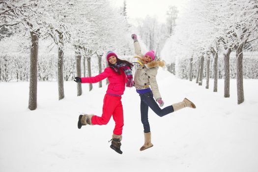 two women walk by winter alley snow trees on background