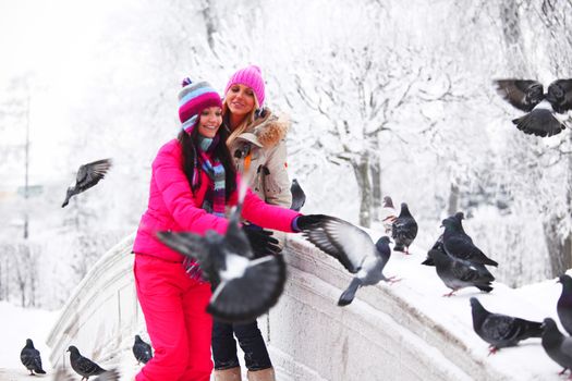 winter women give food to the pigeon