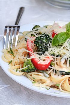 Pasta Primavera made with fresh broccoli, asparagus, red bell pepper and zucchini and served with freshly grated parmesan cheese. 