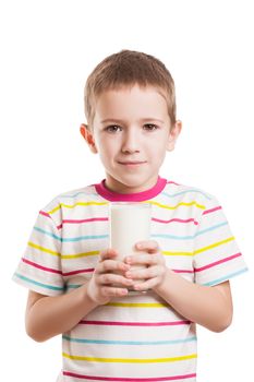 Beauty smiling child boy hand holding milk drink glass white isolated