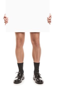 Naked adult man in black socks and shoes hand holding blank placard white isolated