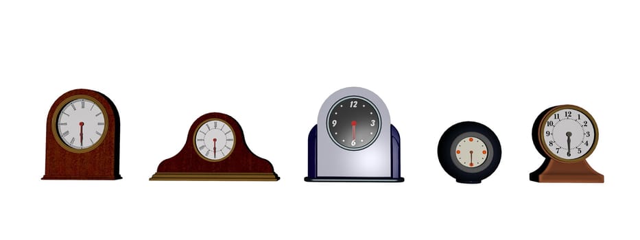 Several different old clocks in white background