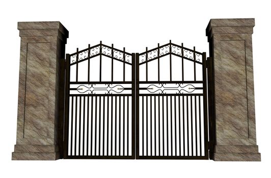 Closed big iron gate in white background