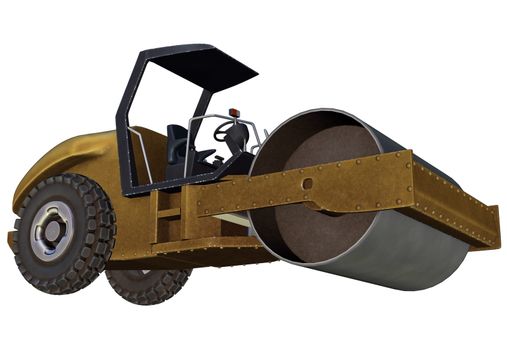 Yellow metallic road roller in white background