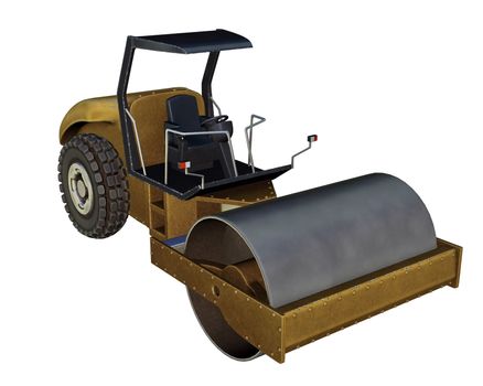 Yellow metallic road roller in white background