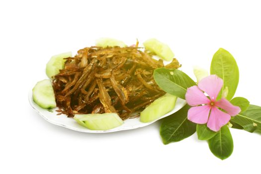 Fried fish  on white dish  in the lunch of Vietnam