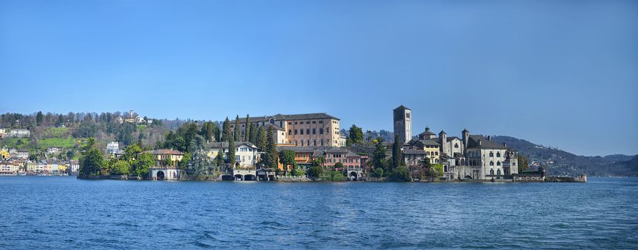 Panorama of San Giulio island on Lake Orta in northern Italy, lakes district