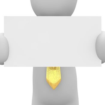 The character with the golden tie holds up his card.