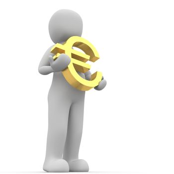 A character holding an gold sign euro in hands.