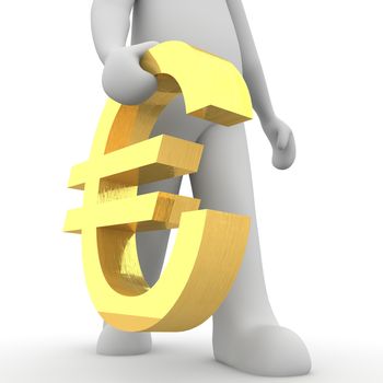 A character holding an gold sign euro in hands.