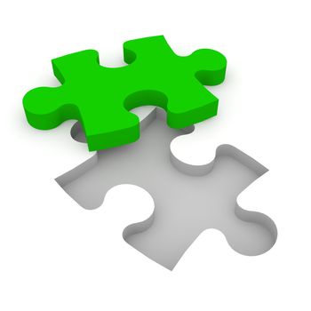 The characters carry a puzzle piece to the appropriate gap.