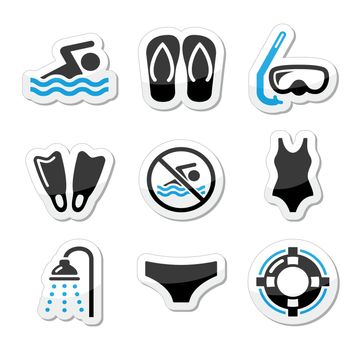 Sport black and blue labels set - swimming, healthy lifestyle