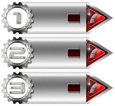 Three metal banners with red arrow, gear and three options