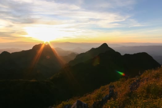Sunset on Doi Luang Chiang Dao wildlife sanctuary  high limestone mountains, 2195 meters above sea level.