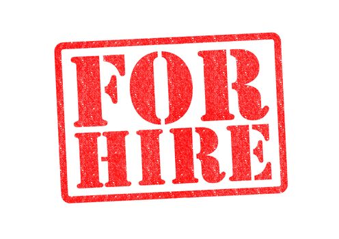 FOR HIRE Rubber stamp over a white background.