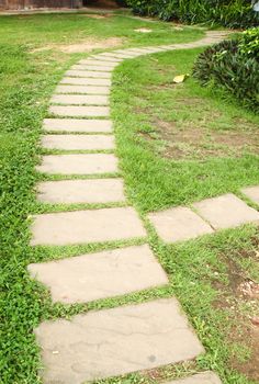 Stone block walk path in the park with green grass background