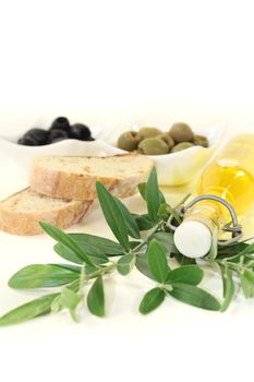 Bottle of olive oil with olives, baguette and olive branch on a bright background