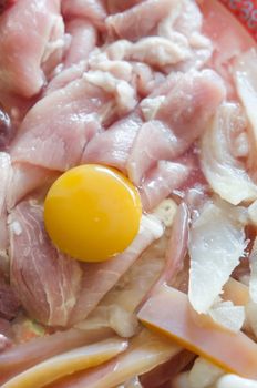 raw meat and  fresh sliced pork , yolk egg  prepare for cooking.
