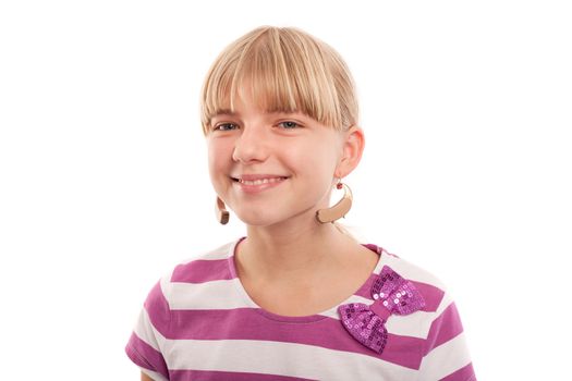 Girl joking with hearing aids using them as earrings. Isolated on white.
