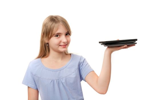 Tablets and ebook readers - Cute girl holding several tablets on her palm.