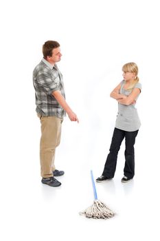 Rebellion against the housework - Father tries to persuade her daughter to help with cleanup but she refuses him.