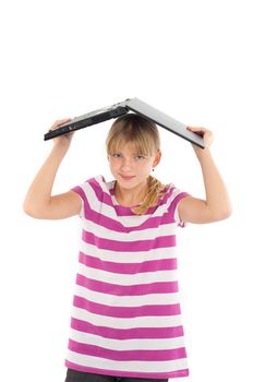 Girl holding a laptop over her head. Isolated on white