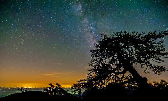 Milky way over the city lights and mountains on blue ridge parkway