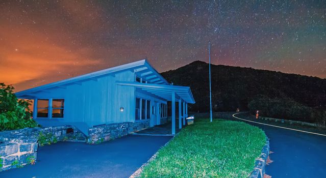 Milky way over the city lights and mountains on blue ridge parkway