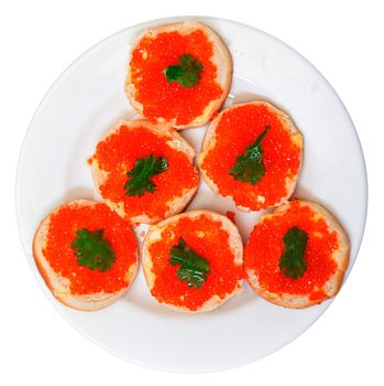 Sandwiches with red salted caviar, on a white background