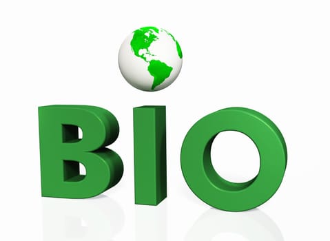 A small green and white world is the dot of the letter I of a green BIO word, on a white background