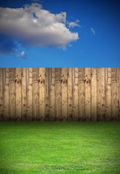 empty backdrop for your design - backyard with green lawn and wooden fence under a beautiful sky