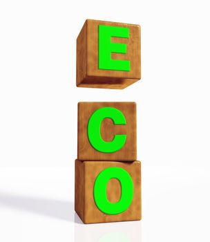 eco word composed from green letters on cubes made of wood, placed in vertical position on a white background. And the cube with the letter E is suspended and detached from the other two