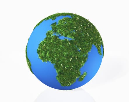 a 3d rendering of the world that has continents Europe and Africa made by grass and flowers, on a white background