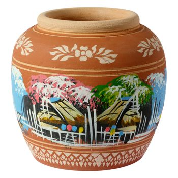 Small painted clay pottery isolated on white. Sale as souvenir at floating market in Thailand.