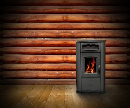 interior of wooden cabin with vintage stove and burning fire- empty backdrop for your design