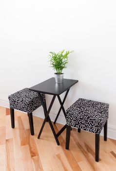 Black table decorated with green plant and two chairs.