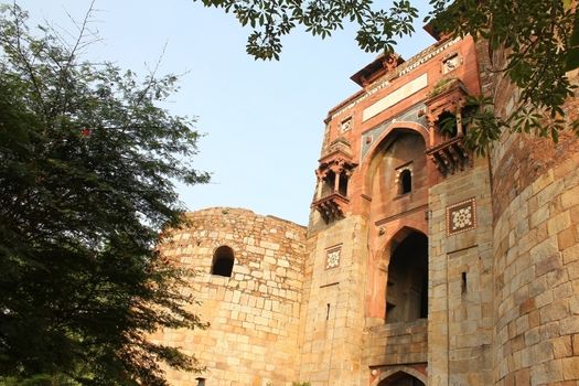 Fortified entrance to the historic Mughal fort of Purana Qila 