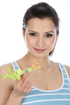 Model Released. Woman Eating Celery and Peanut Butter