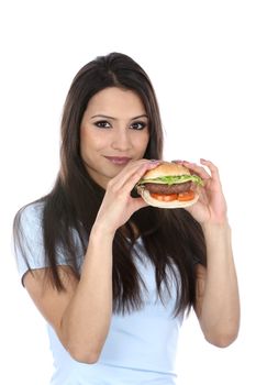 Model Released. Woman Eating Homemade Beefburger